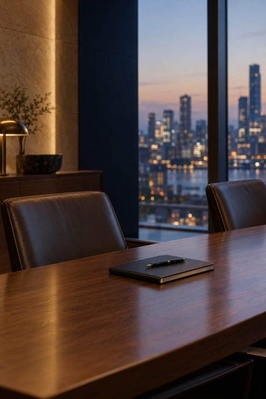 A quiet private boardroom at dusk